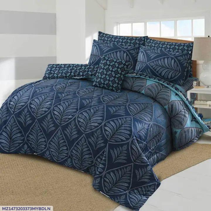 Blue Printed 7Pc Cotton Comforter Set for Double Bed