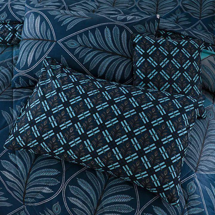 Blue Printed 7Pc Cotton Comforter Set for Double Bed