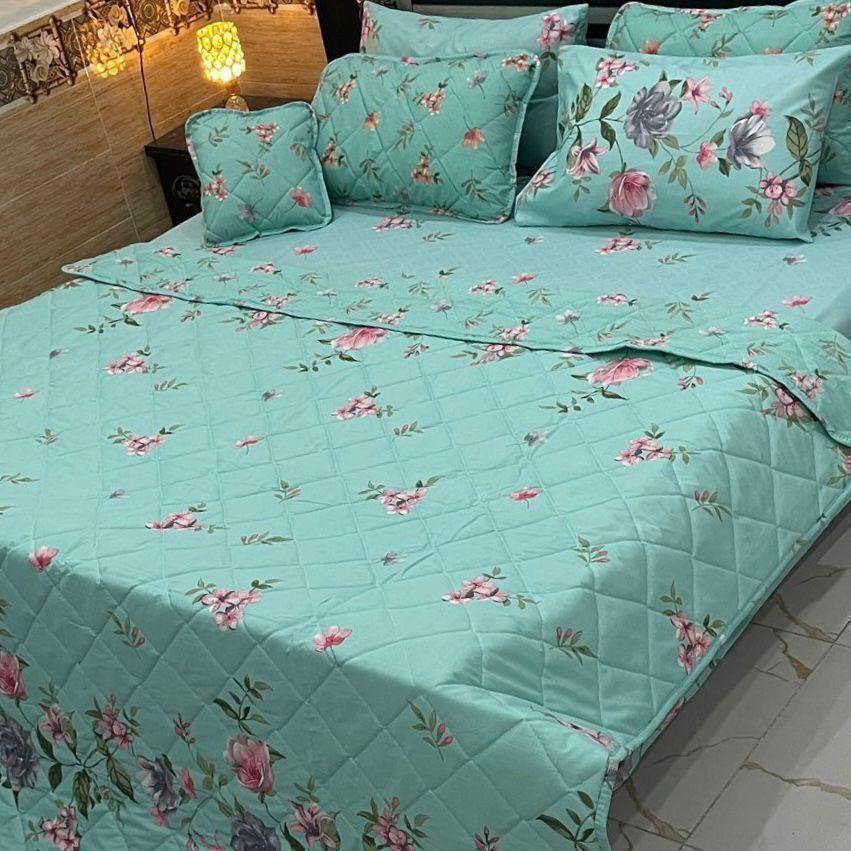 Premium Turquoise Floral Cotton Comforter Set 7 Piece Double Bed Bedding
