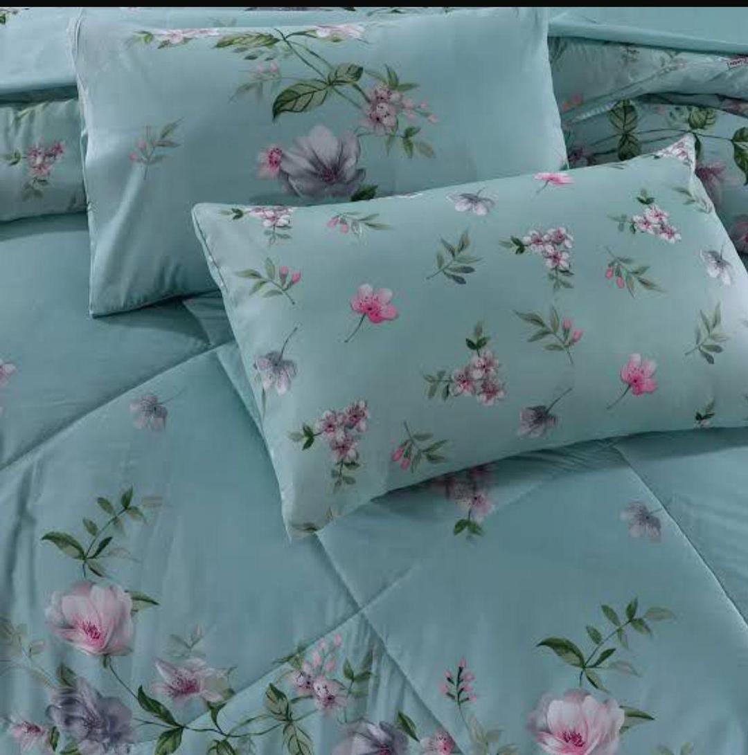 Turquoise Floral 7Pc Cotton Comforter Set for Double Bed