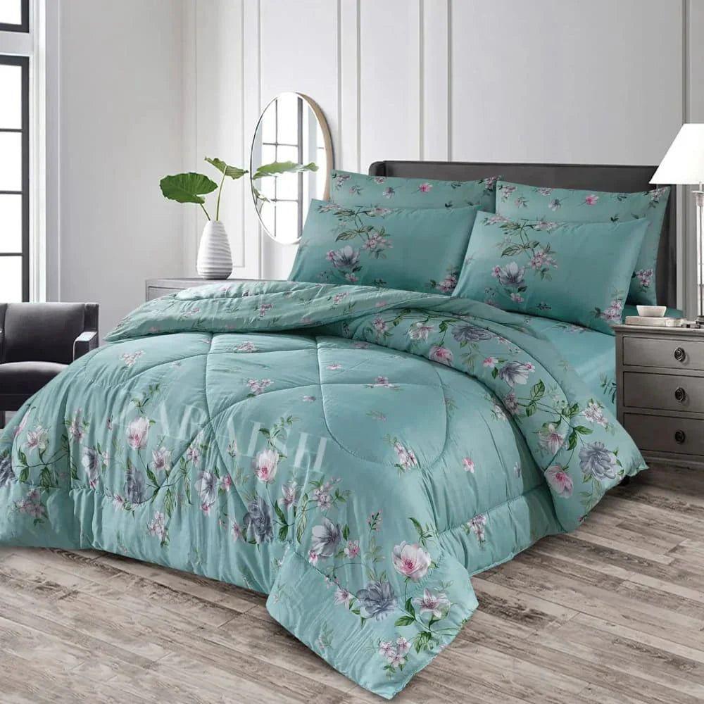 Turquoise Floral 7Pc Cotton Comforter Set for Double Bed
