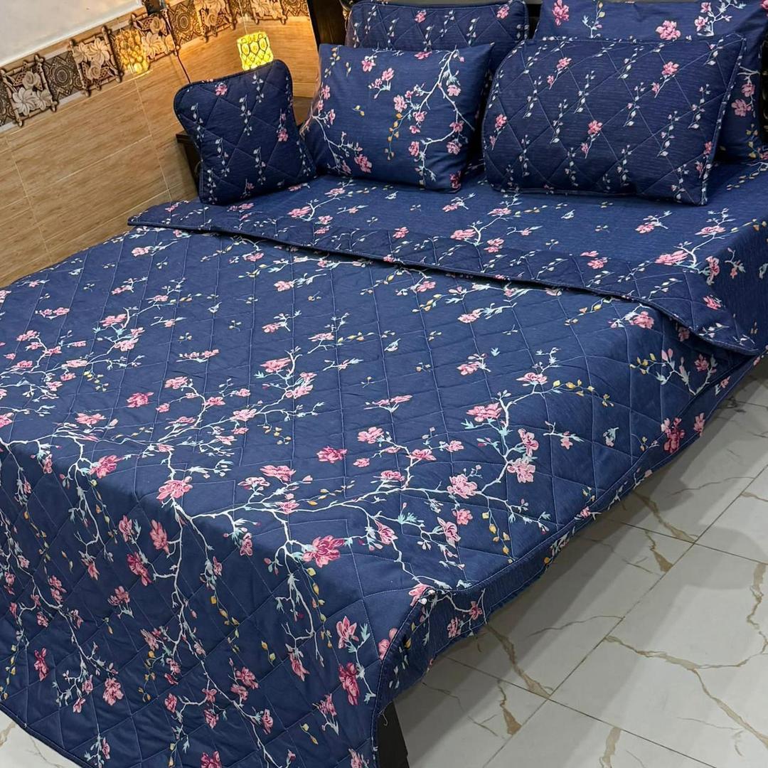 7 Pcs Cotton Printed Blue Comforter Set for Double Bed