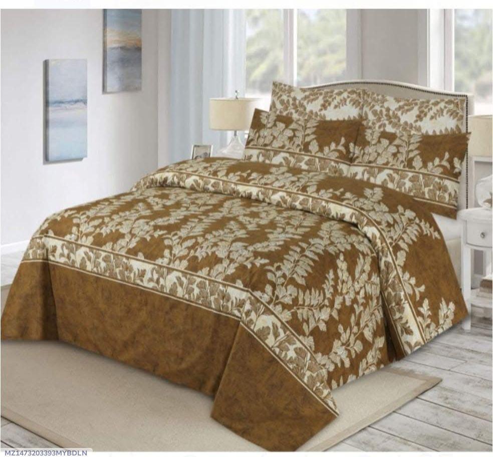 7 Pcs Cotton Leaf Print Comforter Set Brown Cream