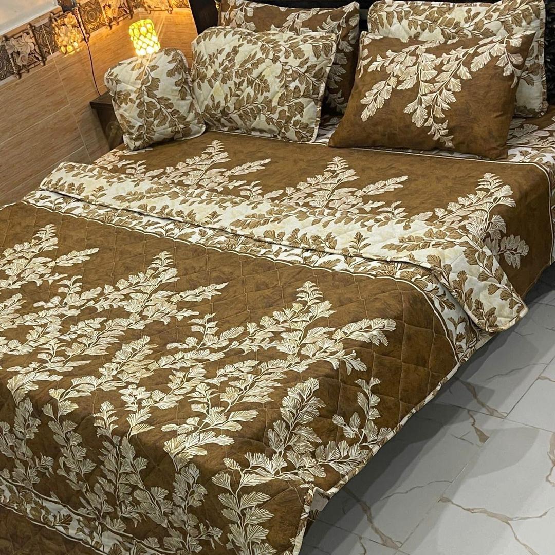 7 Pcs Cotton Leaf Print Comforter Set Brown Cream
