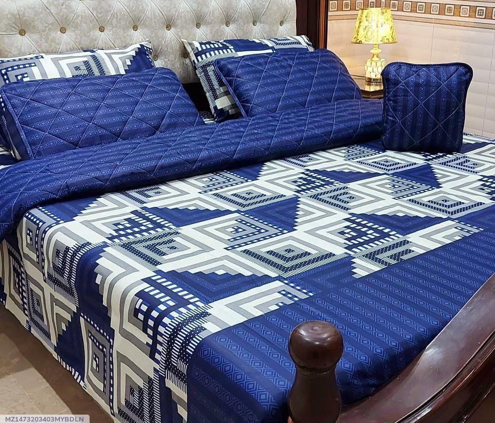 Blue Printed 7Pc Cotton Comforter Set for Double Bed