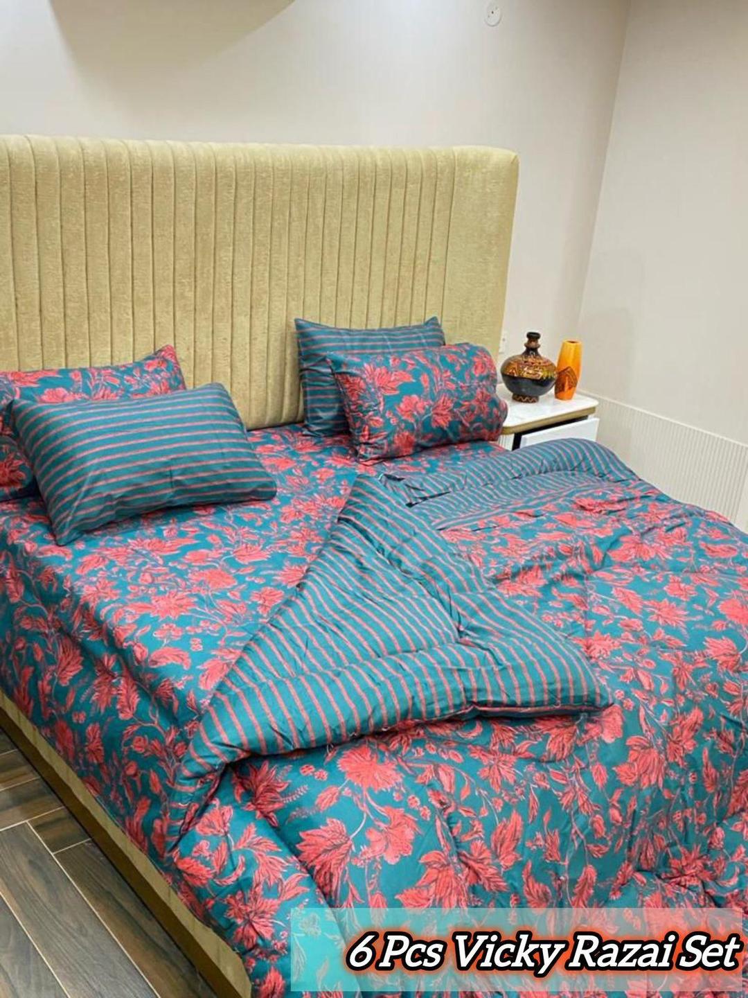 Stylish 6 Pcs Cotton Salonica Printed Razai Set