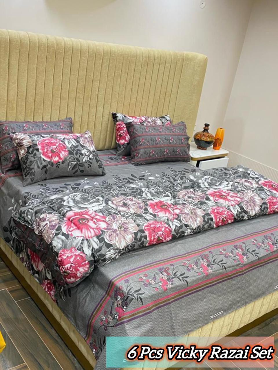 Stylish 6 Pcs Cotton Salonica Printed Razai Set