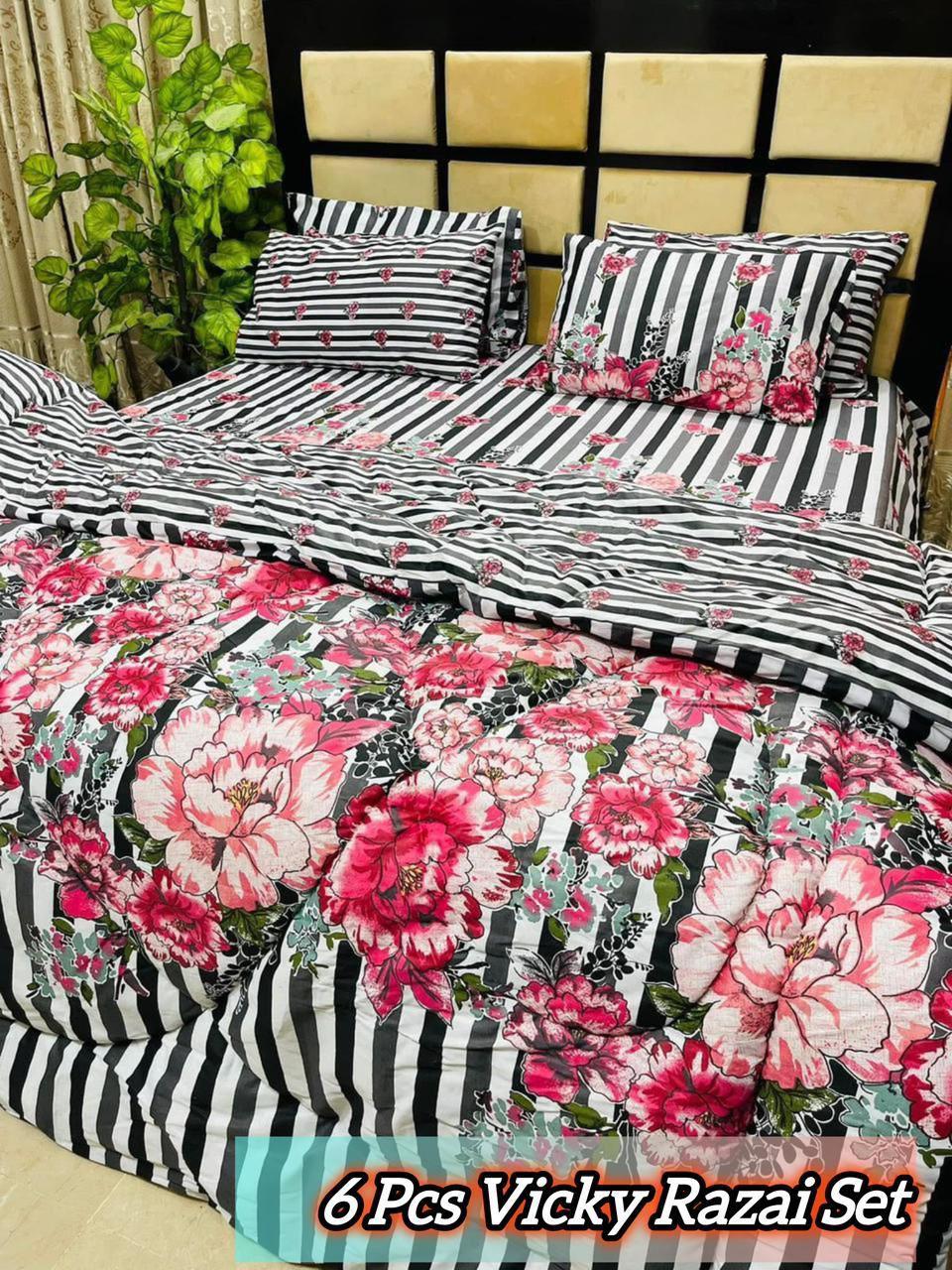 Stylish 6 Pcs Cotton Salonica Printed Razai Set