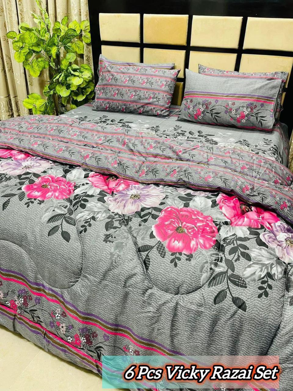 Stylish 6 Pcs Cotton Salonica Printed Razai Set