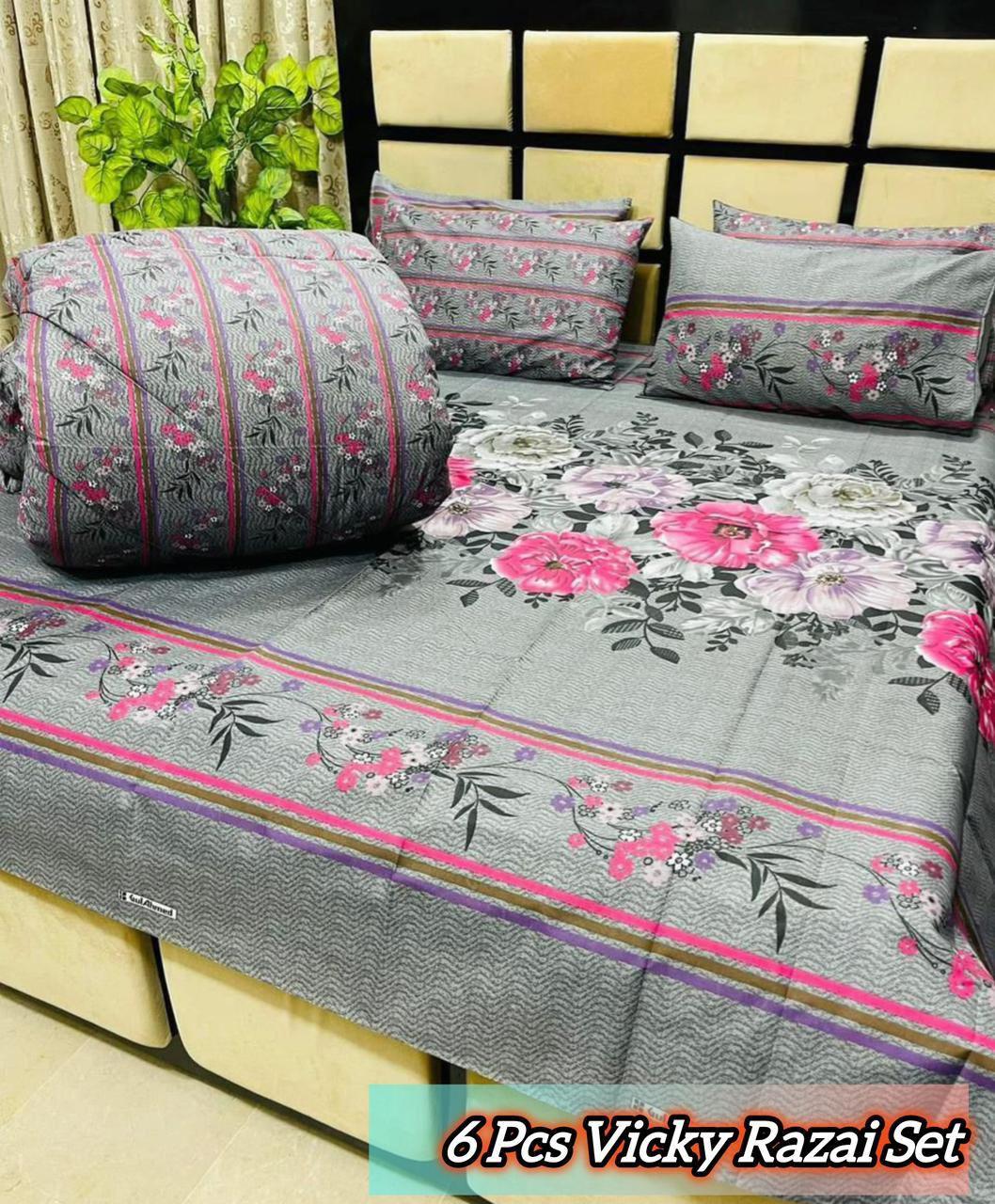 Stylish 6 Pcs Cotton Salonica Printed Razai Set