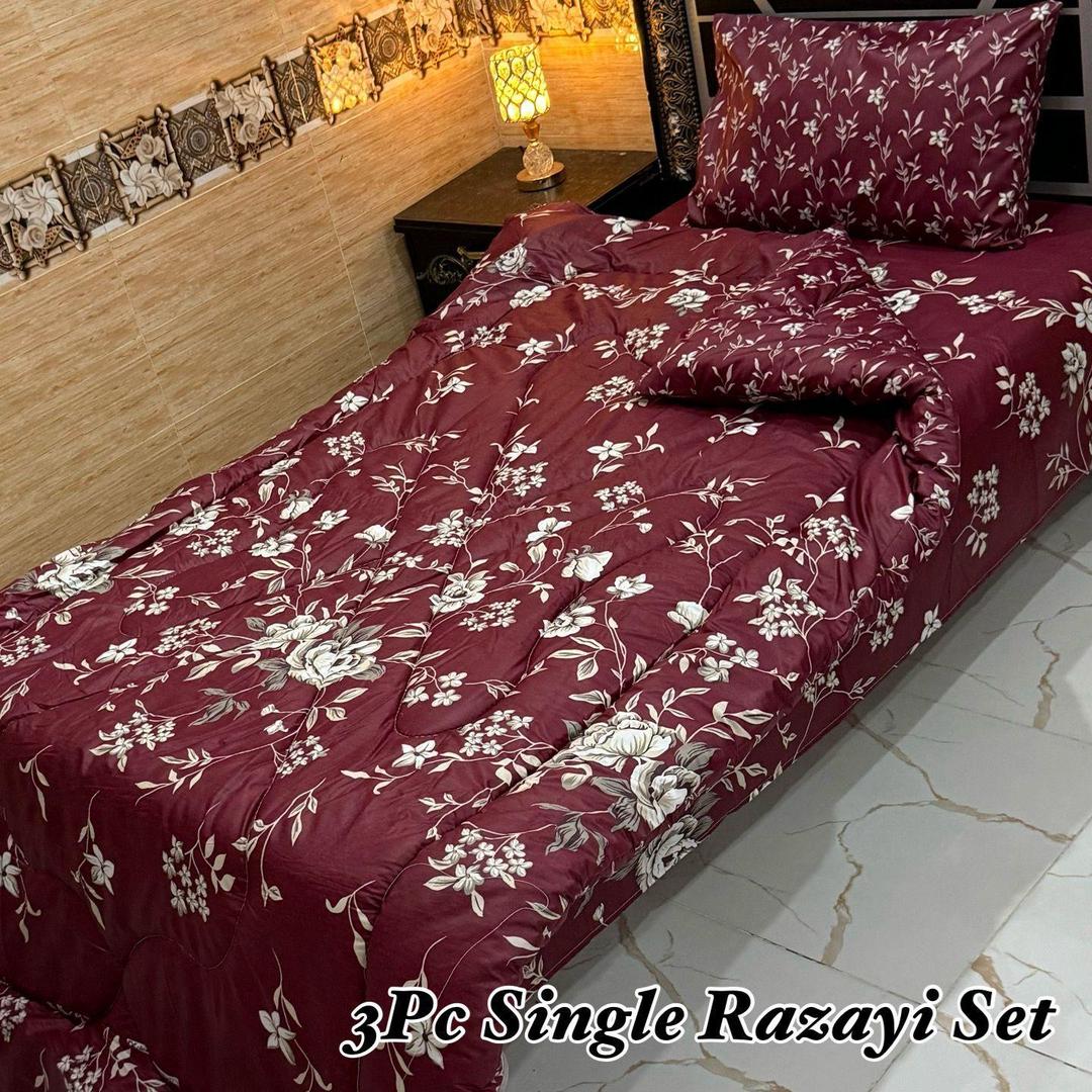 Stylish 3 Pcs Cotton Salonica Printed Single Razai Set
