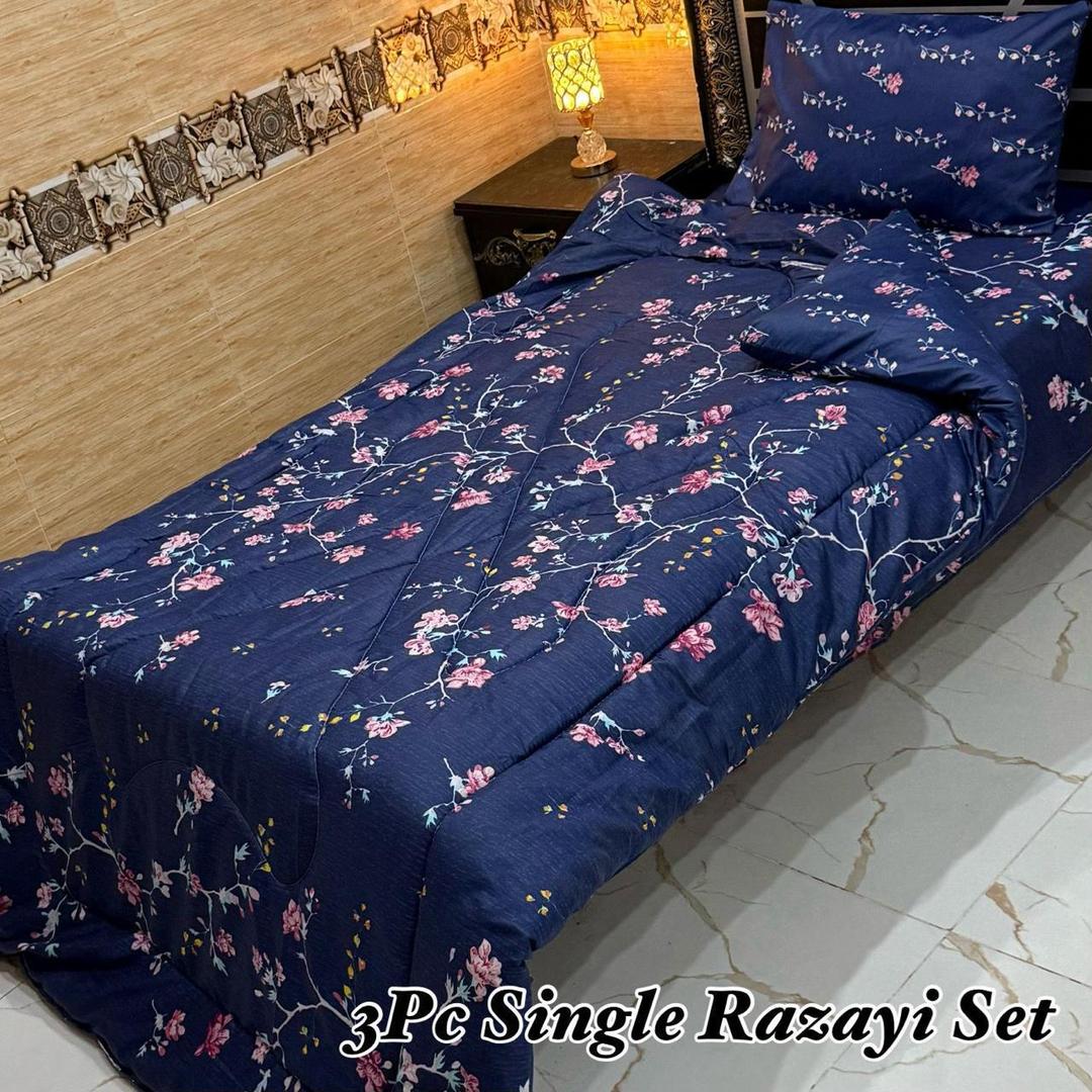 Stylish 3 Pcs Cotton Salonica Printed Single Razai Set