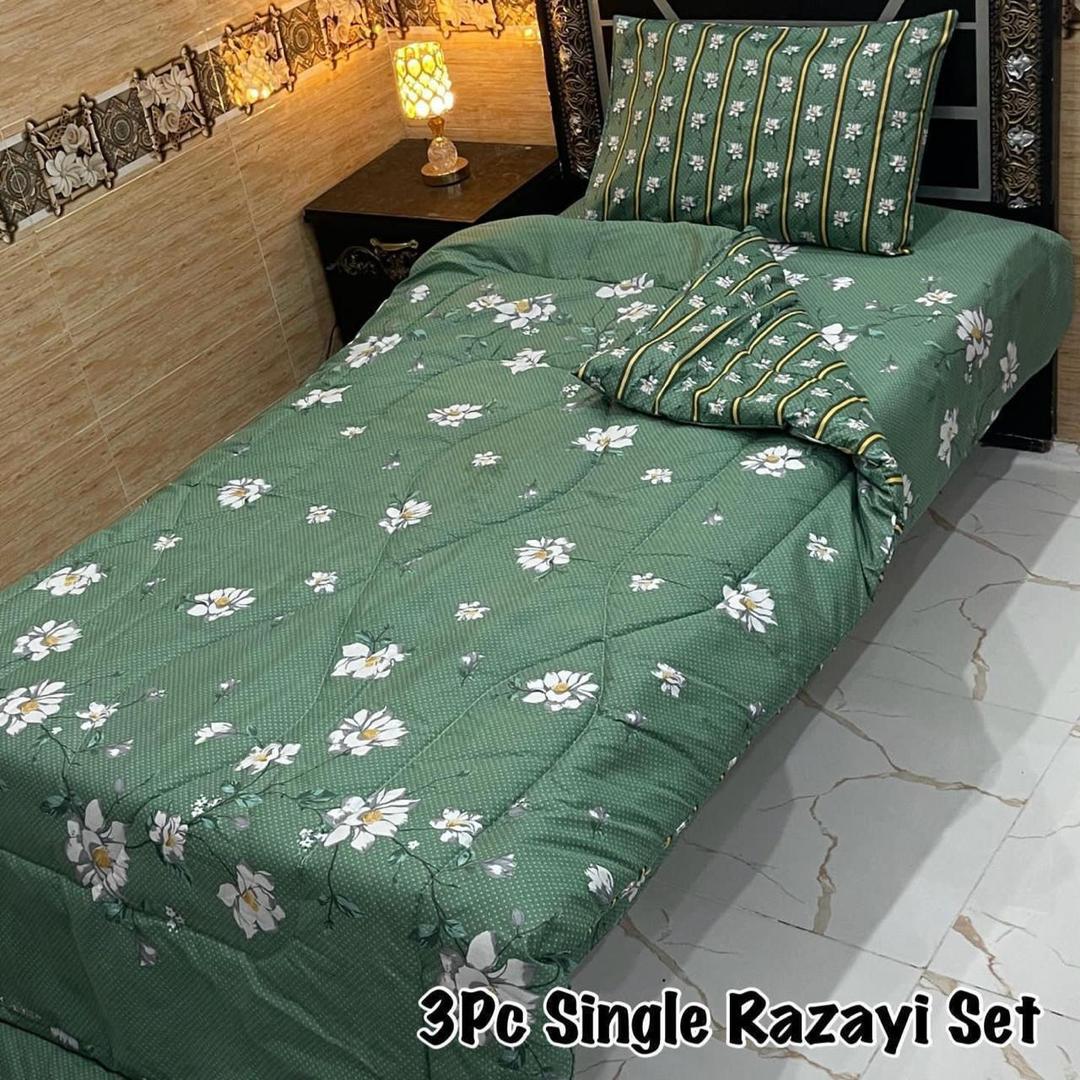 Stylish 3 Pcs Cotton Salonica Printed Single Razai Set