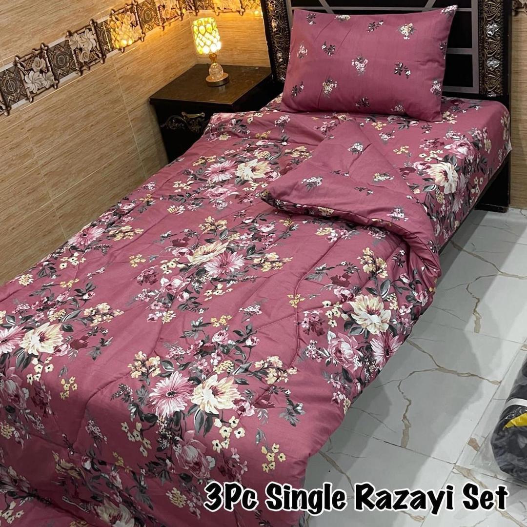 Stylish 3 Pcs Cotton Salonica Printed Single Razai Set