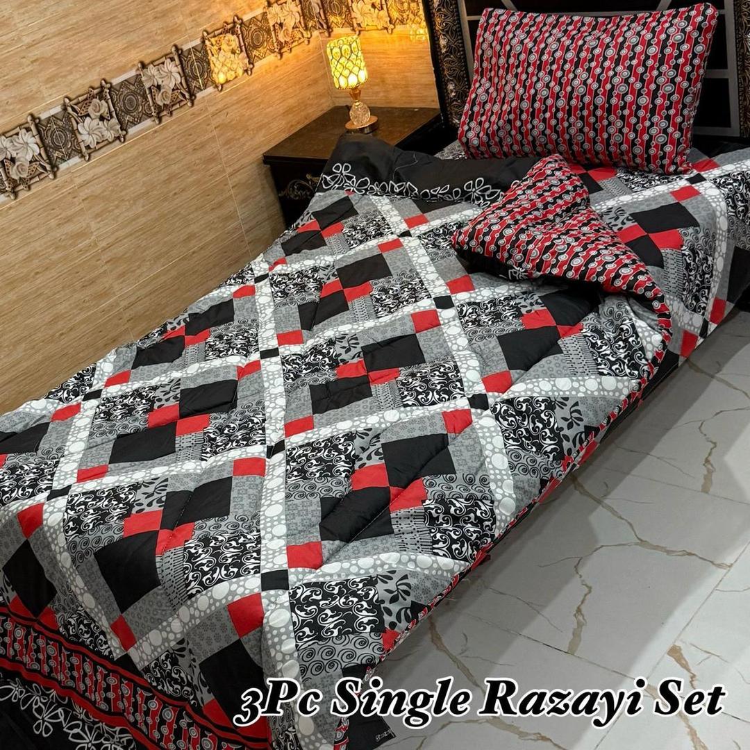 Stylish 3 Pcs Cotton Salonica Printed Single Razai Set