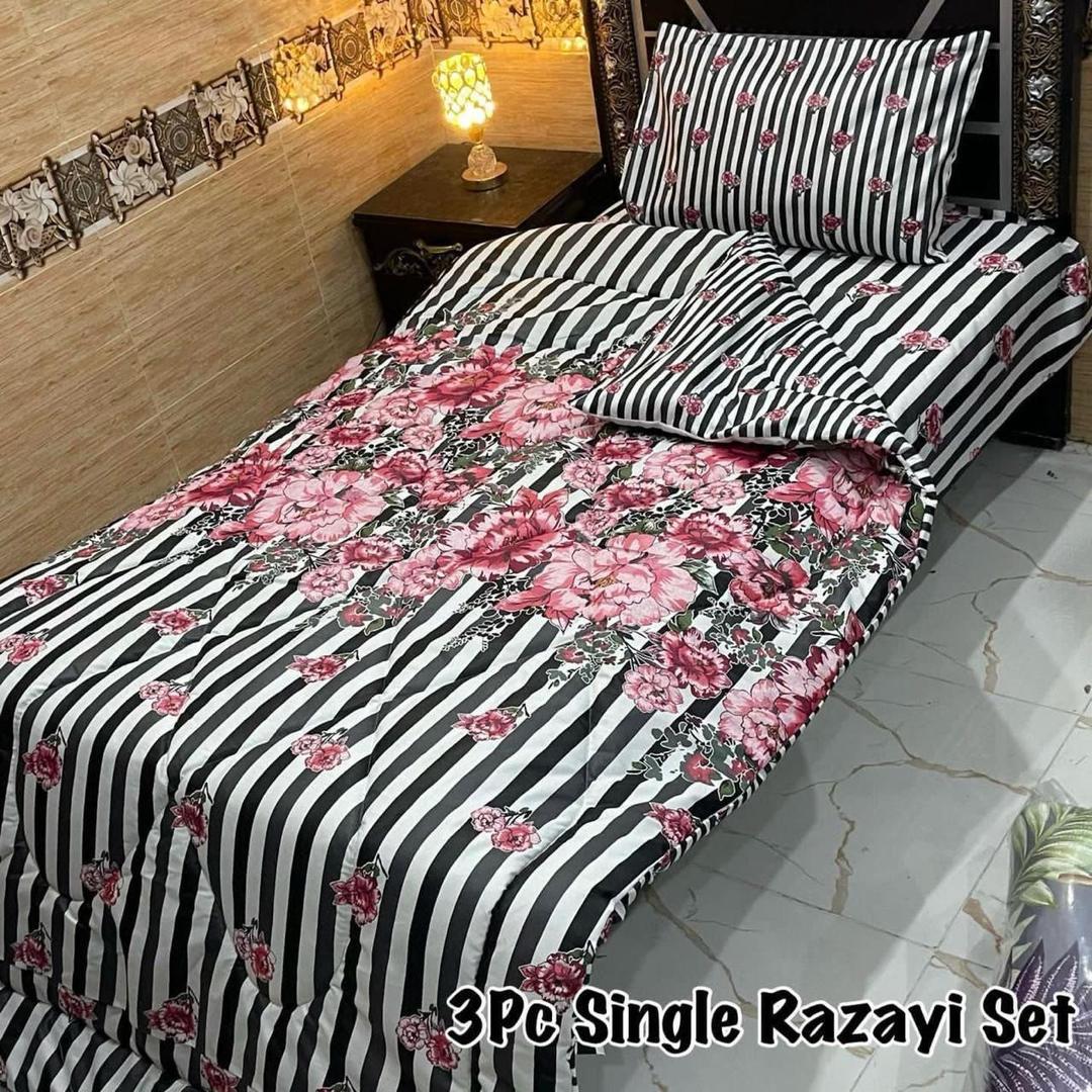 Stylish 3 Pcs Cotton Salonica Printed Single Razai Set