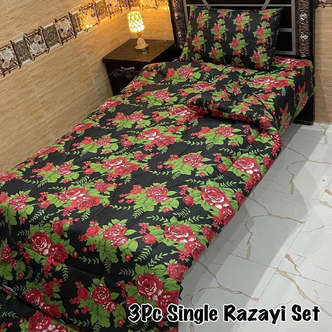 Stylish 3 Pcs Cotton Salonica Printed Single Razai Set