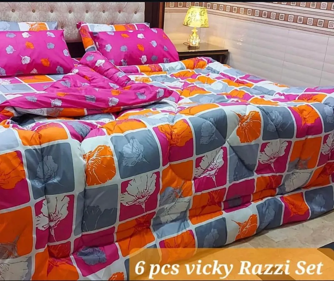 Vibrant 6 Pcs Cotton Salonica Printed Double Bed Razai Set