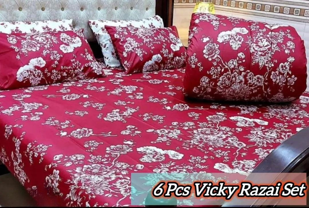 Vibrant 6 Pcs Cotton Salonica Printed Double Bed Razai Set