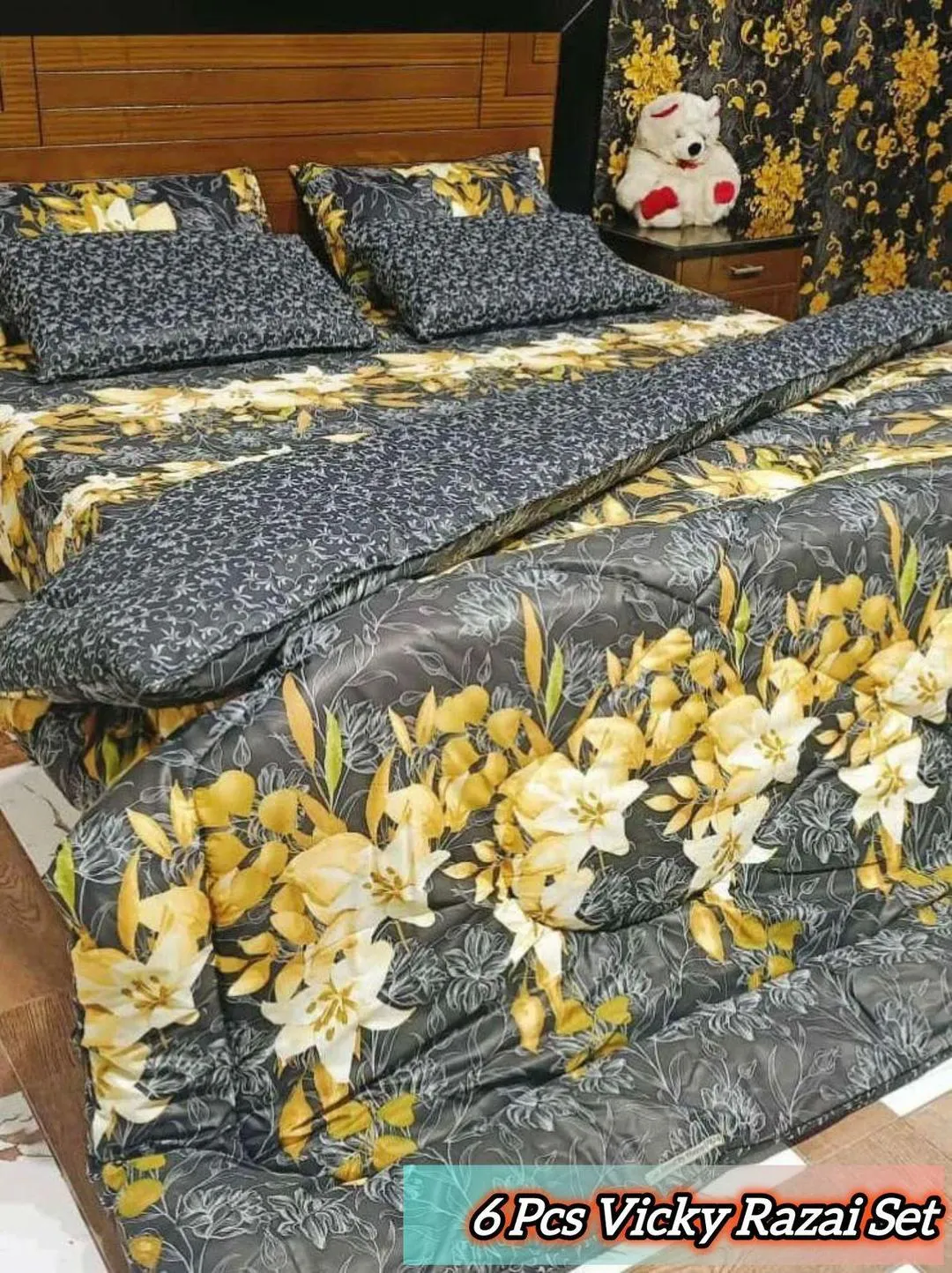 Vibrant 6 Pcs Cotton Salonica Printed Double Bed Razai Set