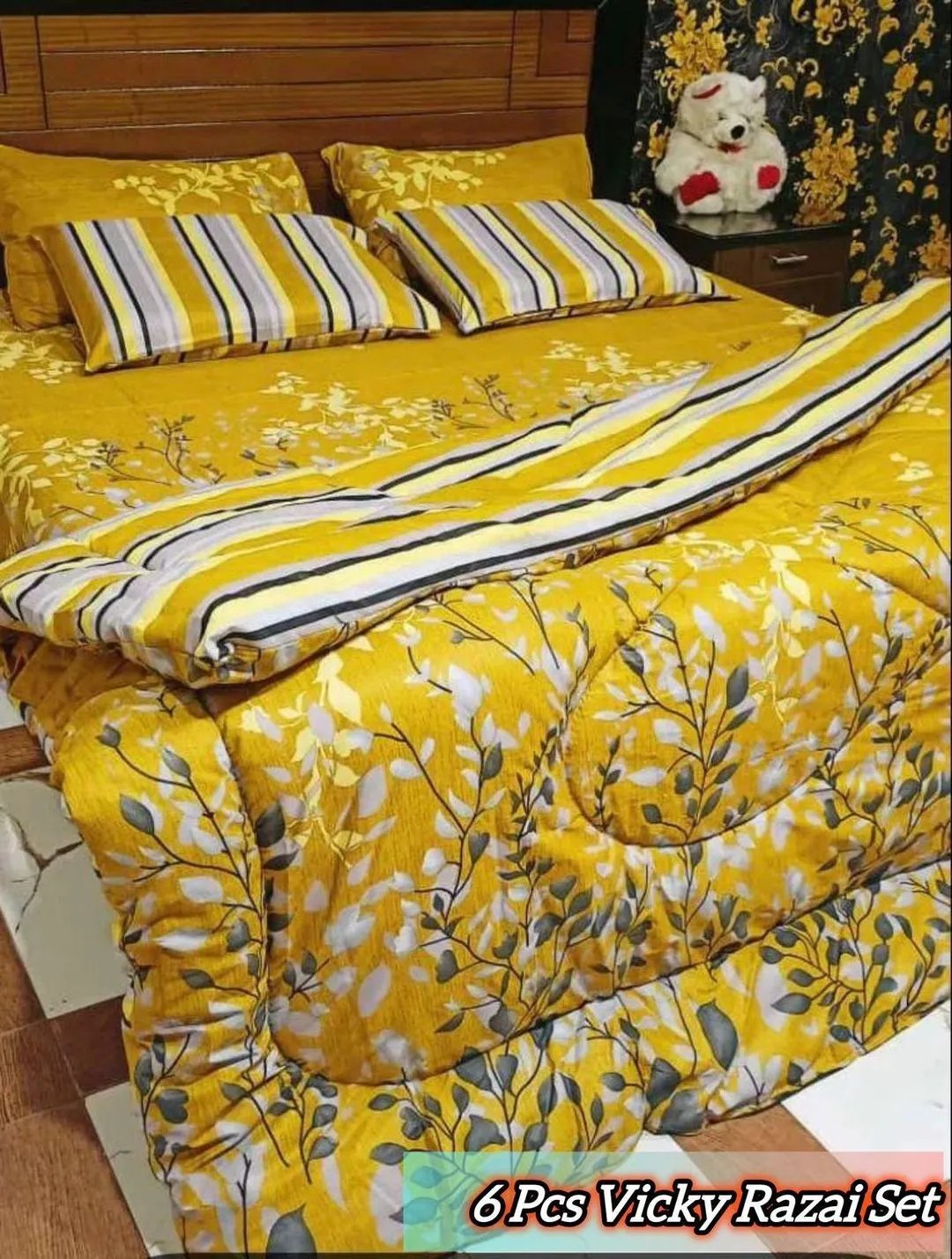 Vibrant 6 Pcs Cotton Salonica Printed Double Bed Razai Set
