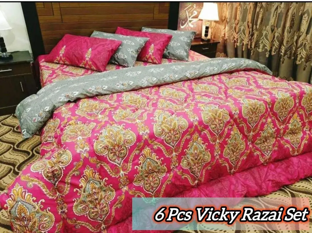 Vibrant 6 Pcs Cotton Salonica Printed Double Bed Razai Set