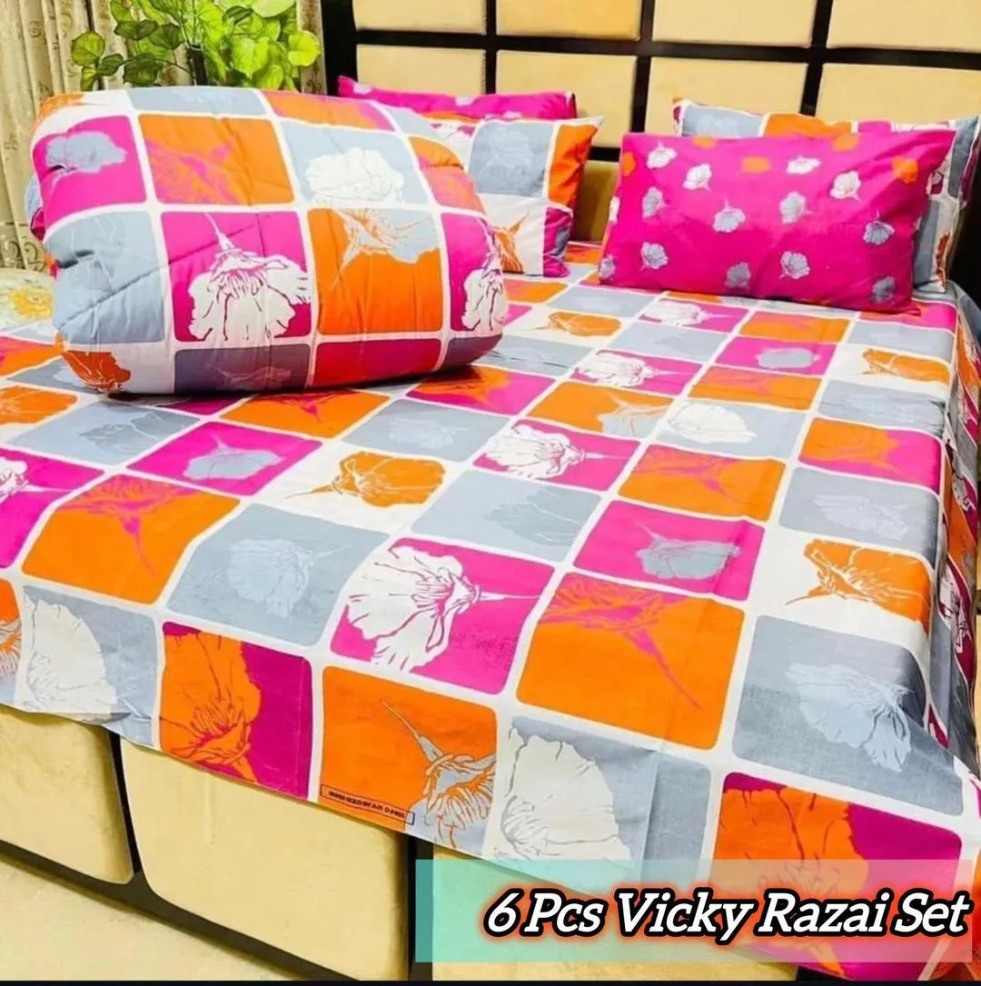 Vibrant 6 Pcs Cotton Salonica Printed Double Bed Razai Set