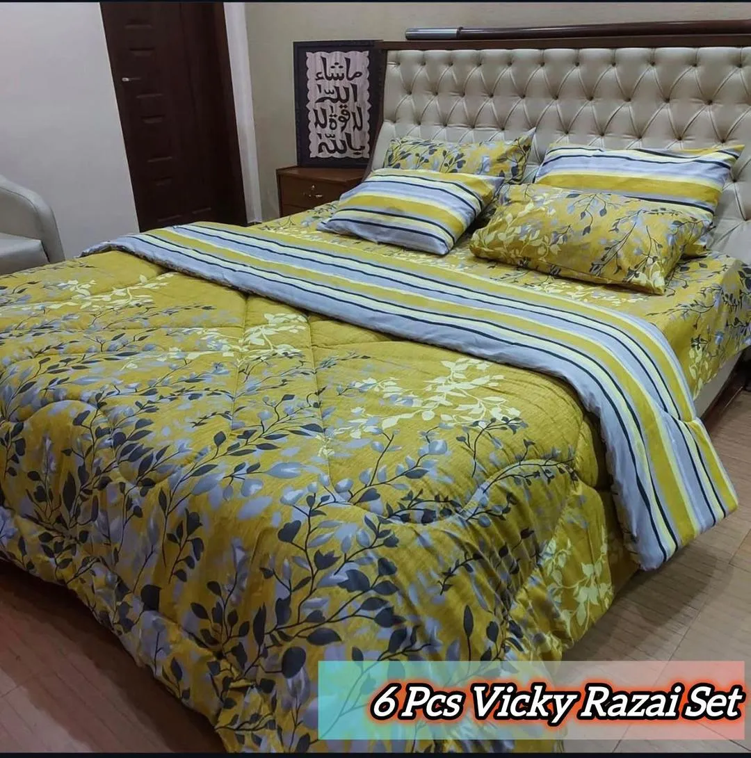 Vibrant 6 Pcs Cotton Salonica Printed Double Bed Razai Set