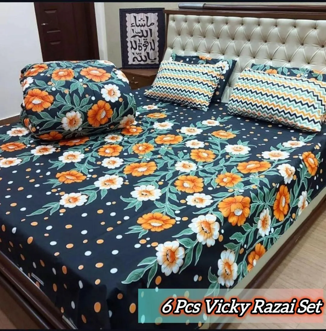 Vibrant 6 Pcs Cotton Salonica Printed Double Bed Razai Set