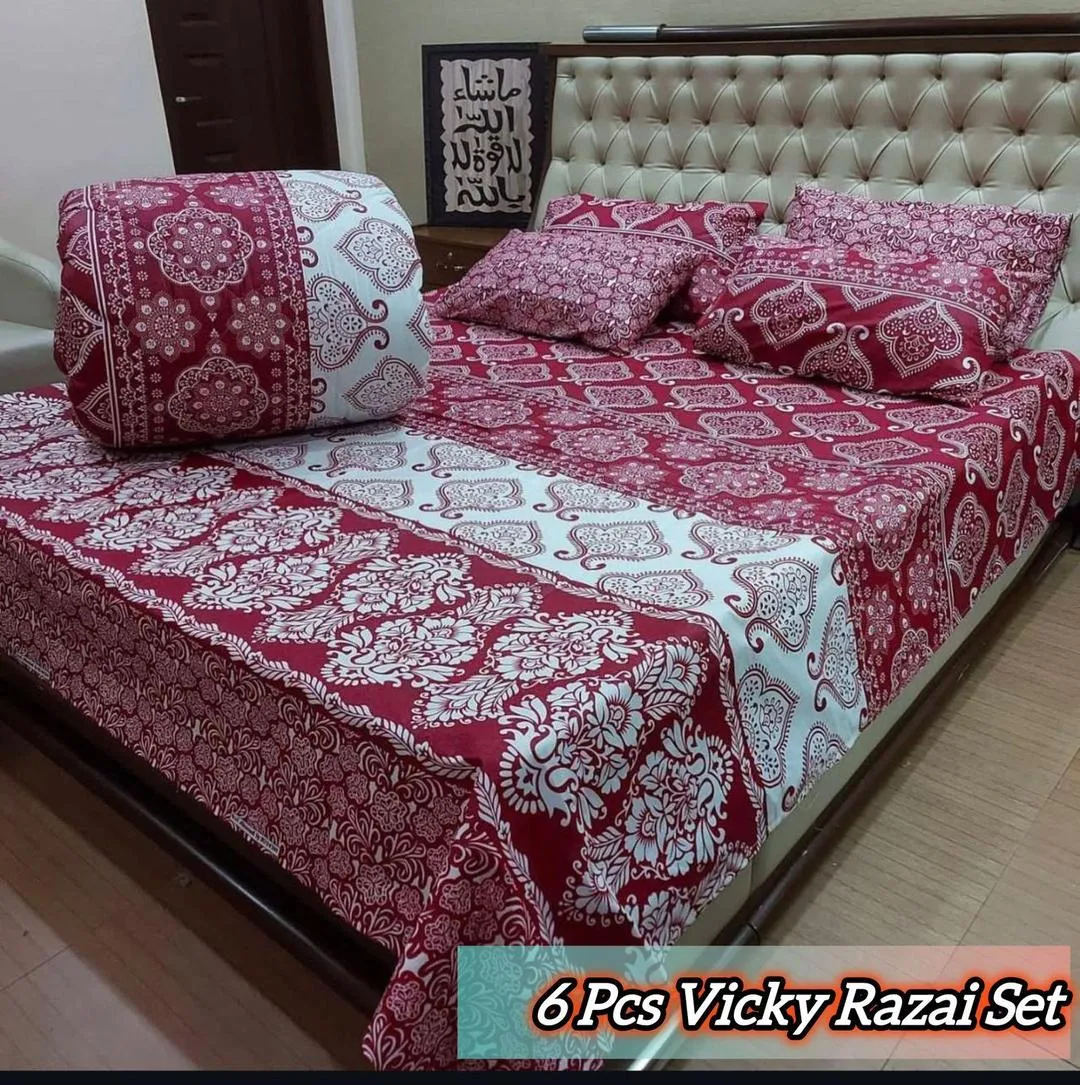 Vibrant 6 Pcs Cotton Salonica Printed Double Bed Razai Set