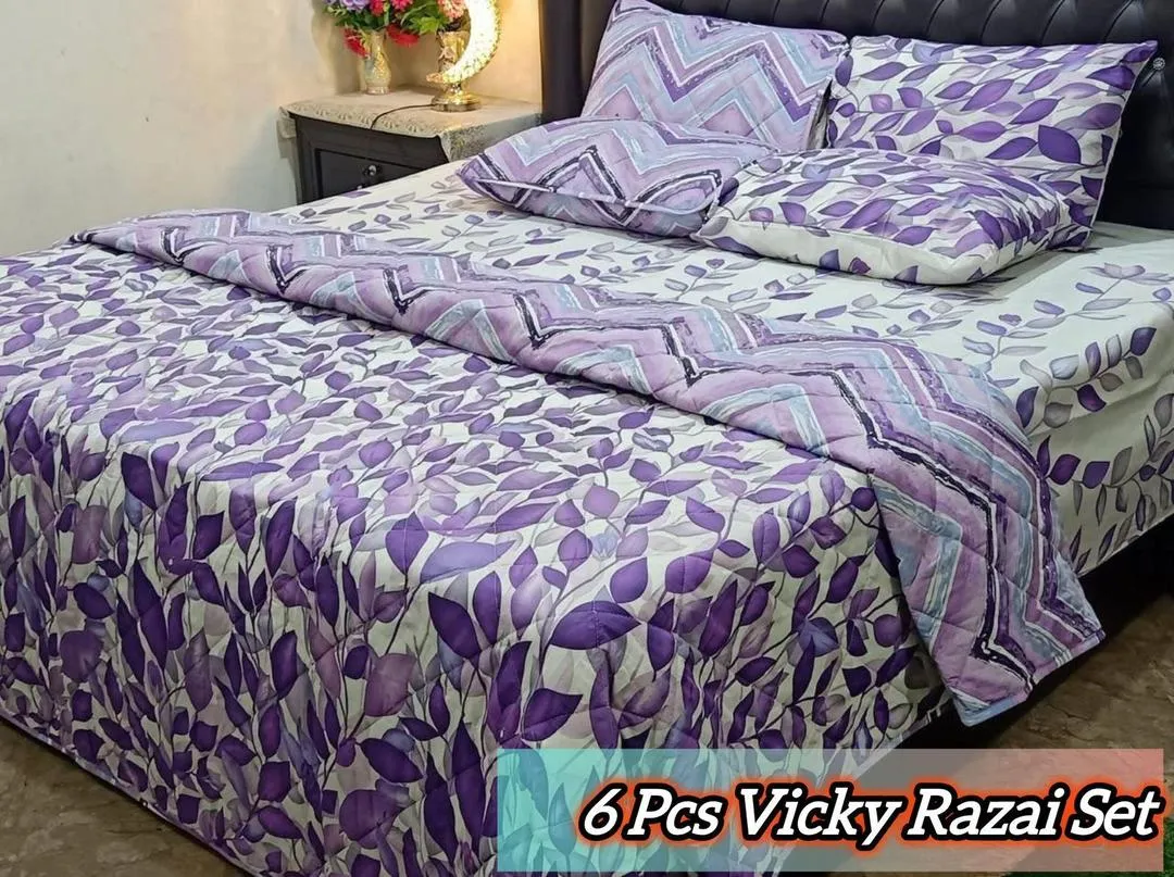 Vibrant 6 Pcs Cotton Salonica Printed Double Bed Razai Set