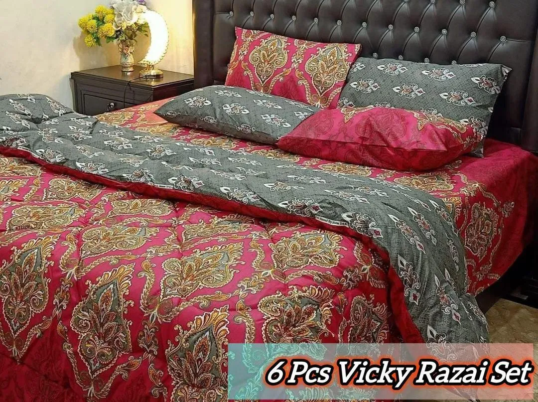 Vibrant 6 Pcs Cotton Salonica Printed Double Bed Razai Set