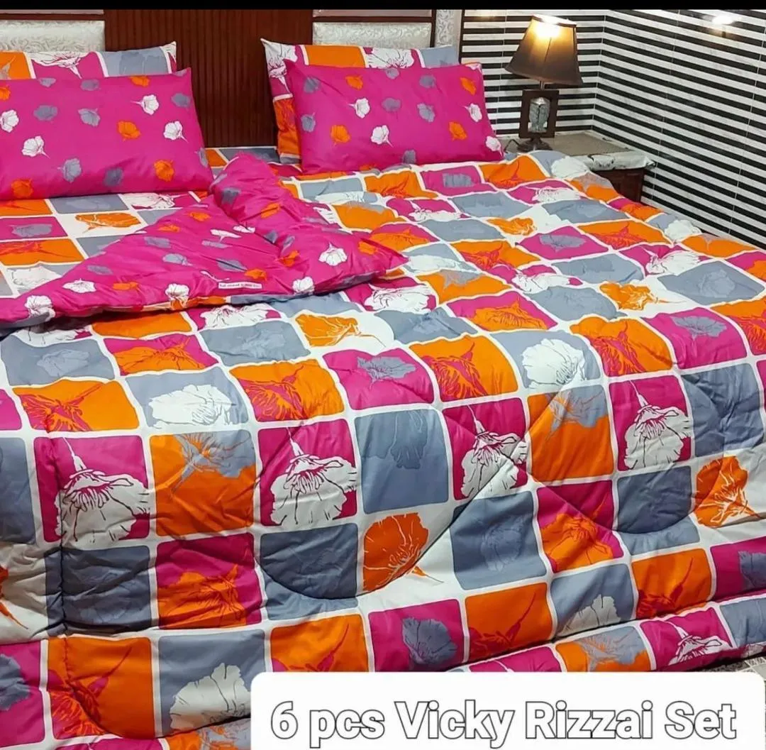 Vibrant 6 Pcs Cotton Salonica Printed Double Bed Razai Set