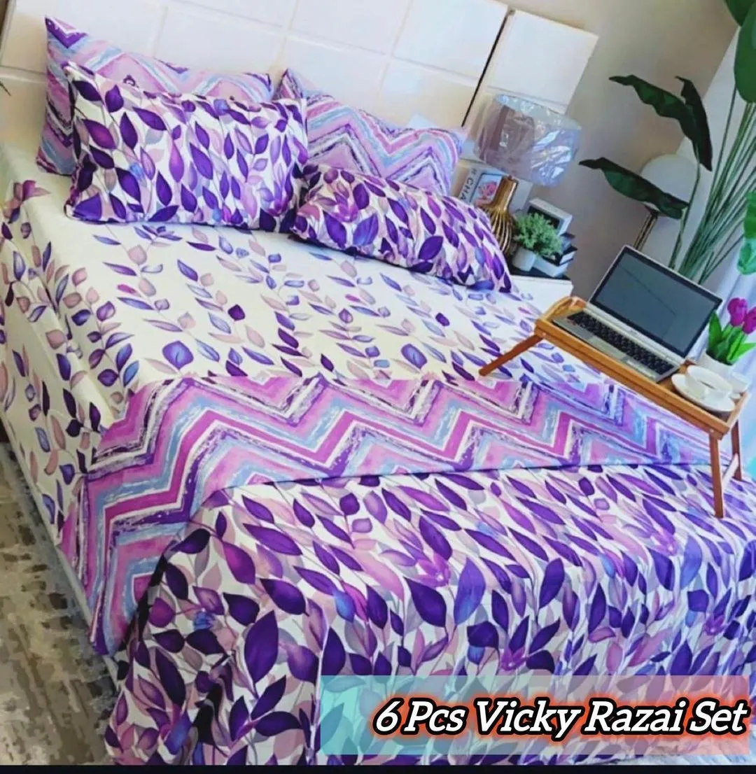Vibrant 6 Pcs Cotton Salonica Printed Double Bed Razai Set