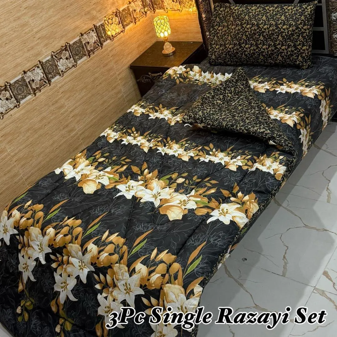 Luxurious 3 Pcs Cotton Salonica Printed Single Bed Razai Set