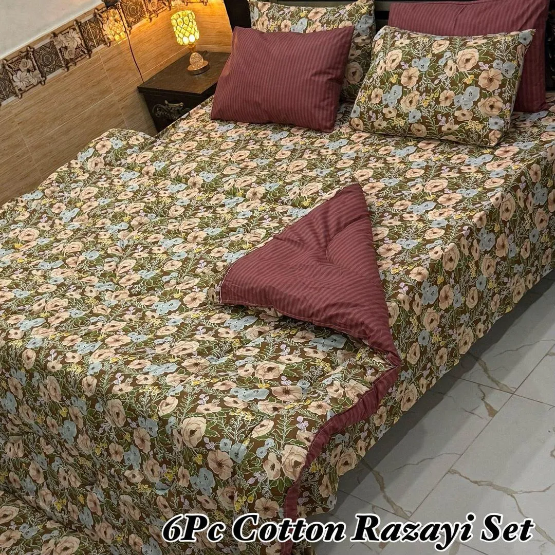 Cozy 6 Pcs Pure Cotton Printed Double Bed Razai Set