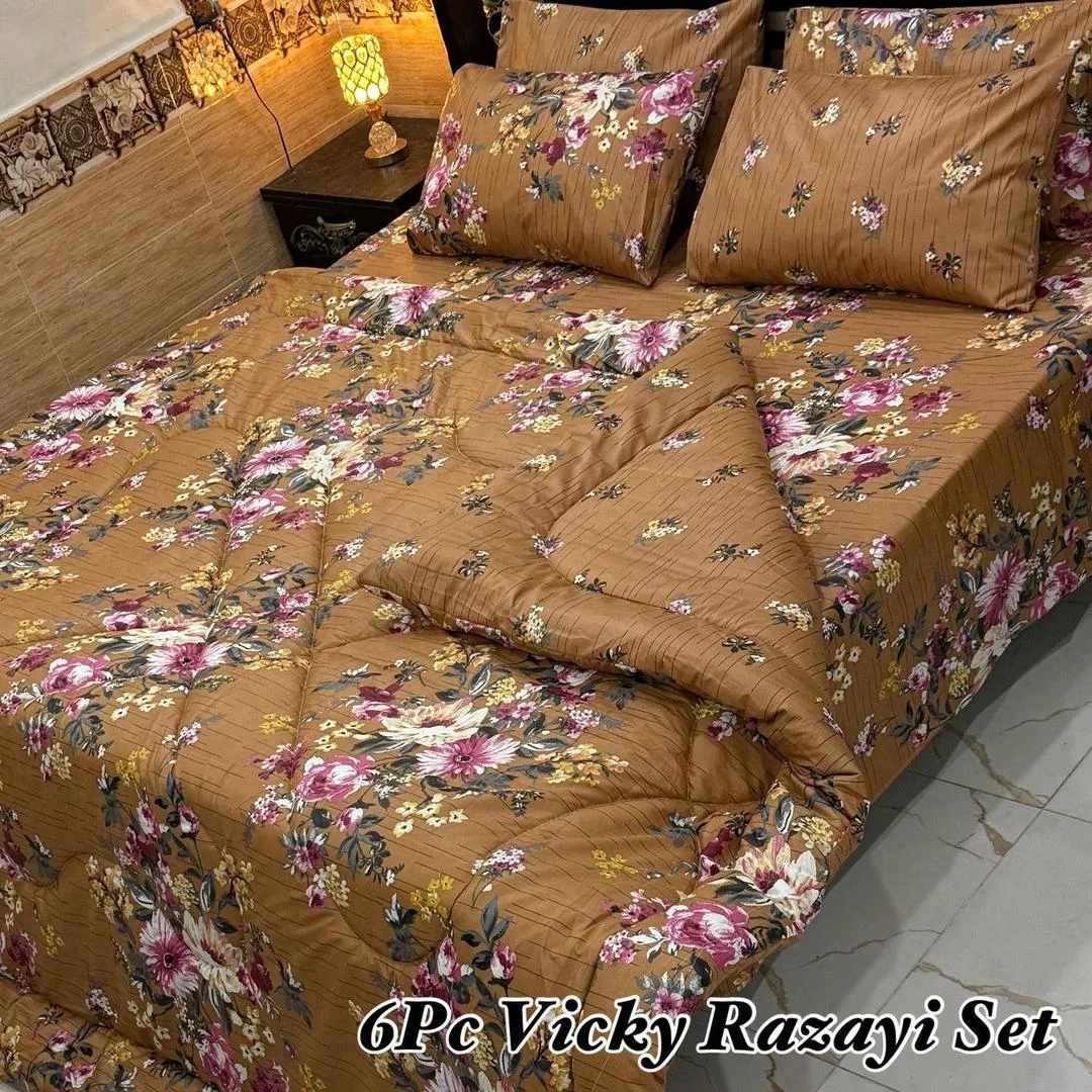 Vibrant 6 Pcs Cotton Salonica Printed Double Bed Razai Set