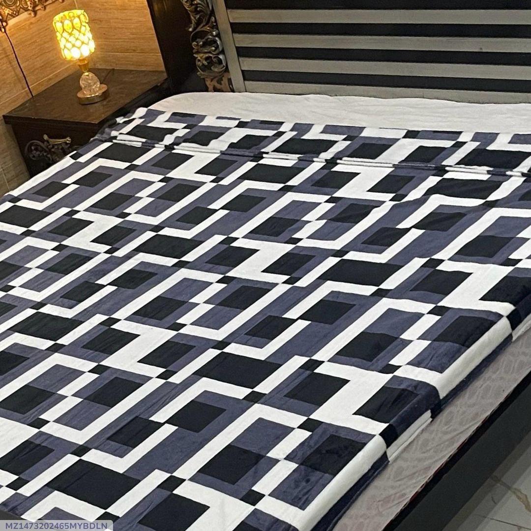 Fleece Printed Double Bed Blanket Navy Blue Geometric