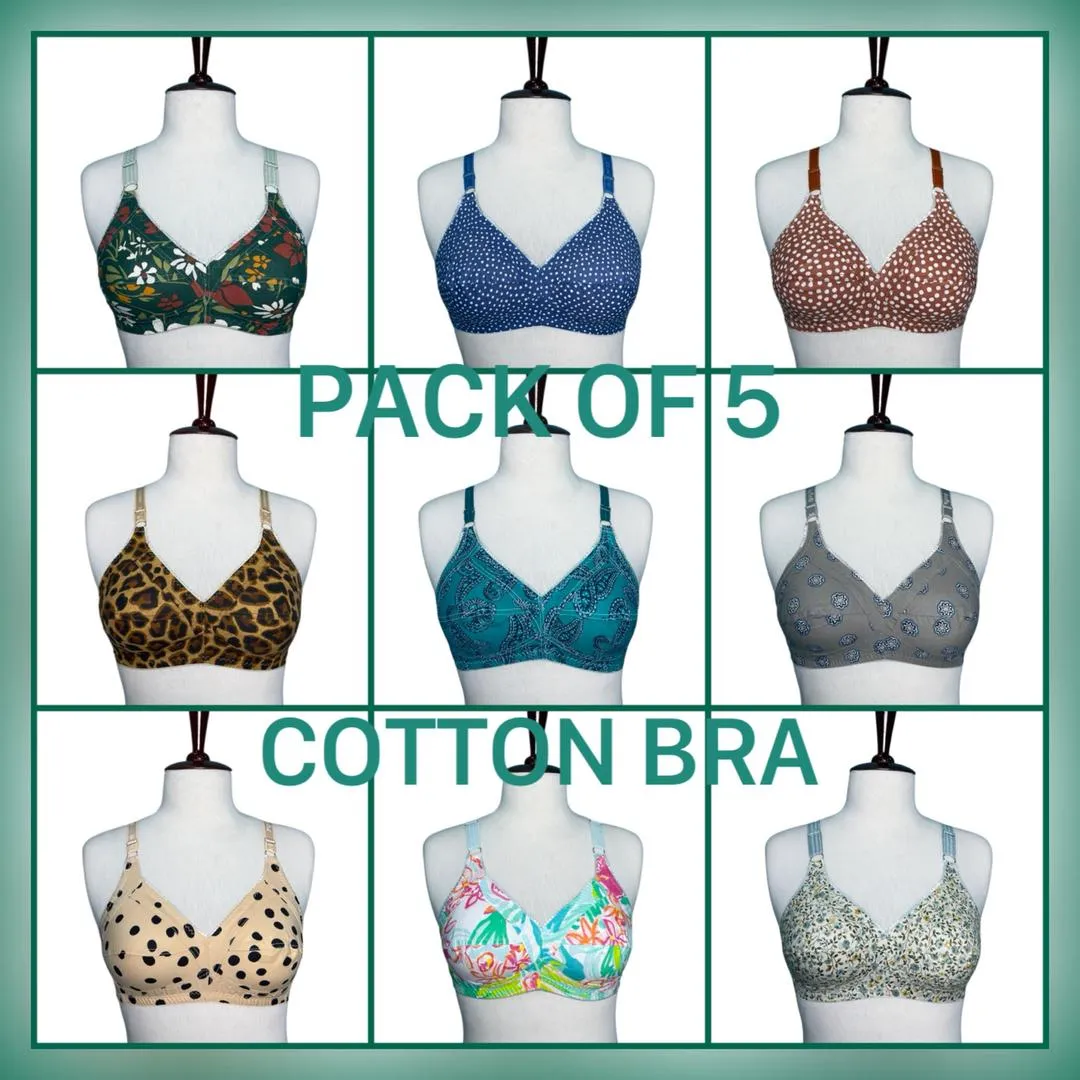 Comfortable Non-Padded Bra - 5 Pcs Cotton Printed Set