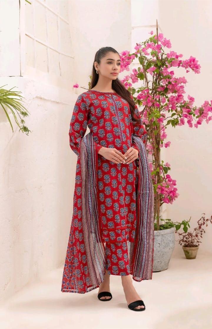 Stunning Red Lawn Suit with Digital Print - 3 Pcs Set
