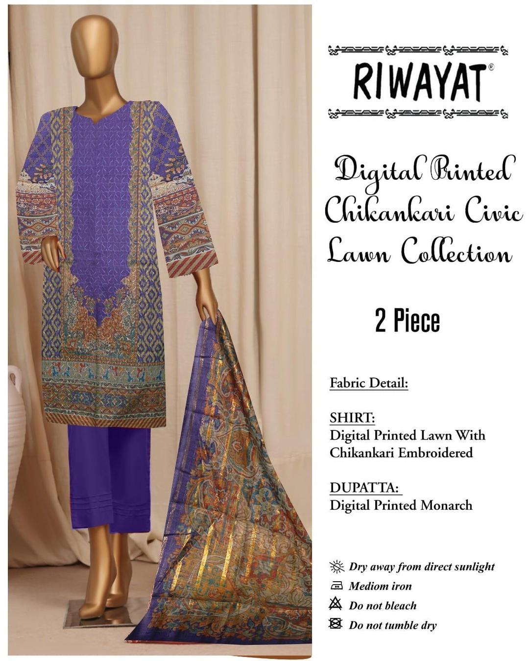 Stylish Multicolor Chikankari Embroidered Lawn Suit - 2 Pcs