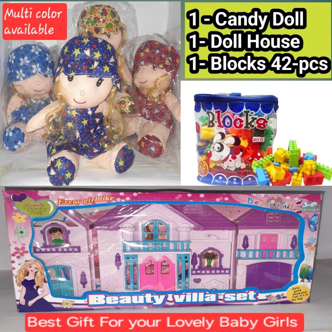 3 Pcs Girl's Toy Bundle with Doll, Accessories, and Building Blocks
