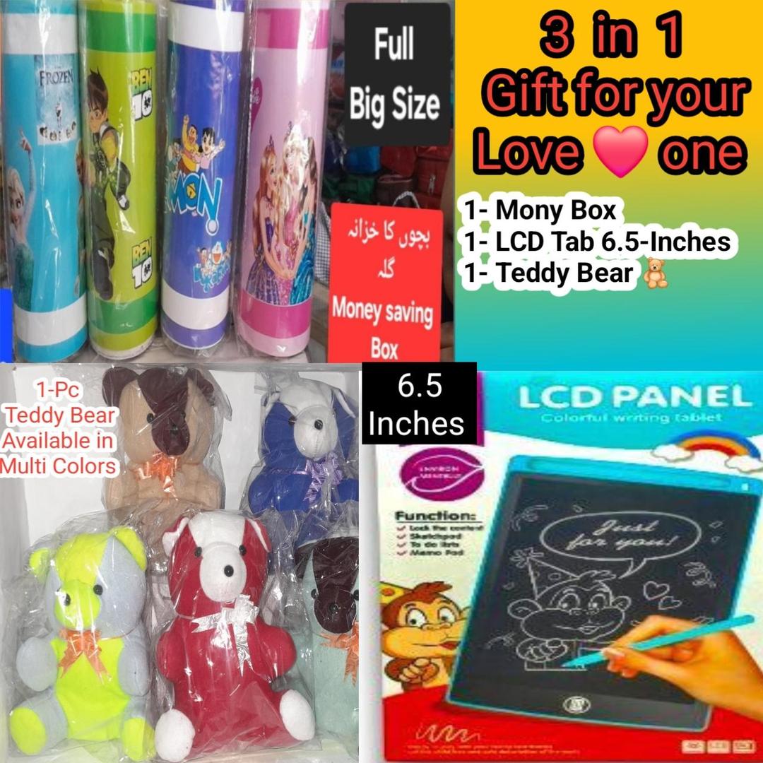 Kid's Toy Bundle - 3 Pcs Money Saving ATM Toy, Teddy Bear & LCD Writing Tablet