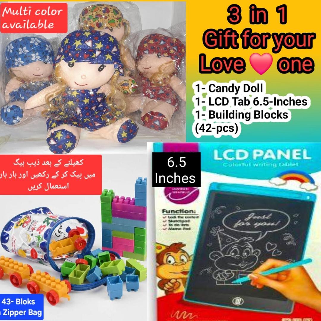 Multicolor Plush Toy Bundle - 1 Pc Doll, Building Blocks & LCD Writing Tablet