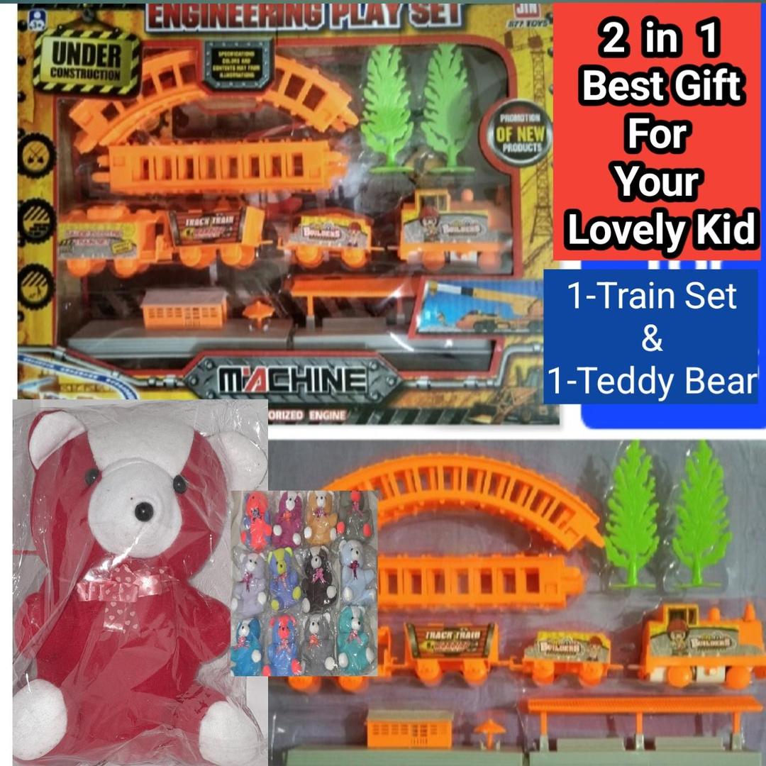 Multicolor Kid's Toy Bundle - 1 Pc Train & Teddy Bear Set for Fun Playtime
