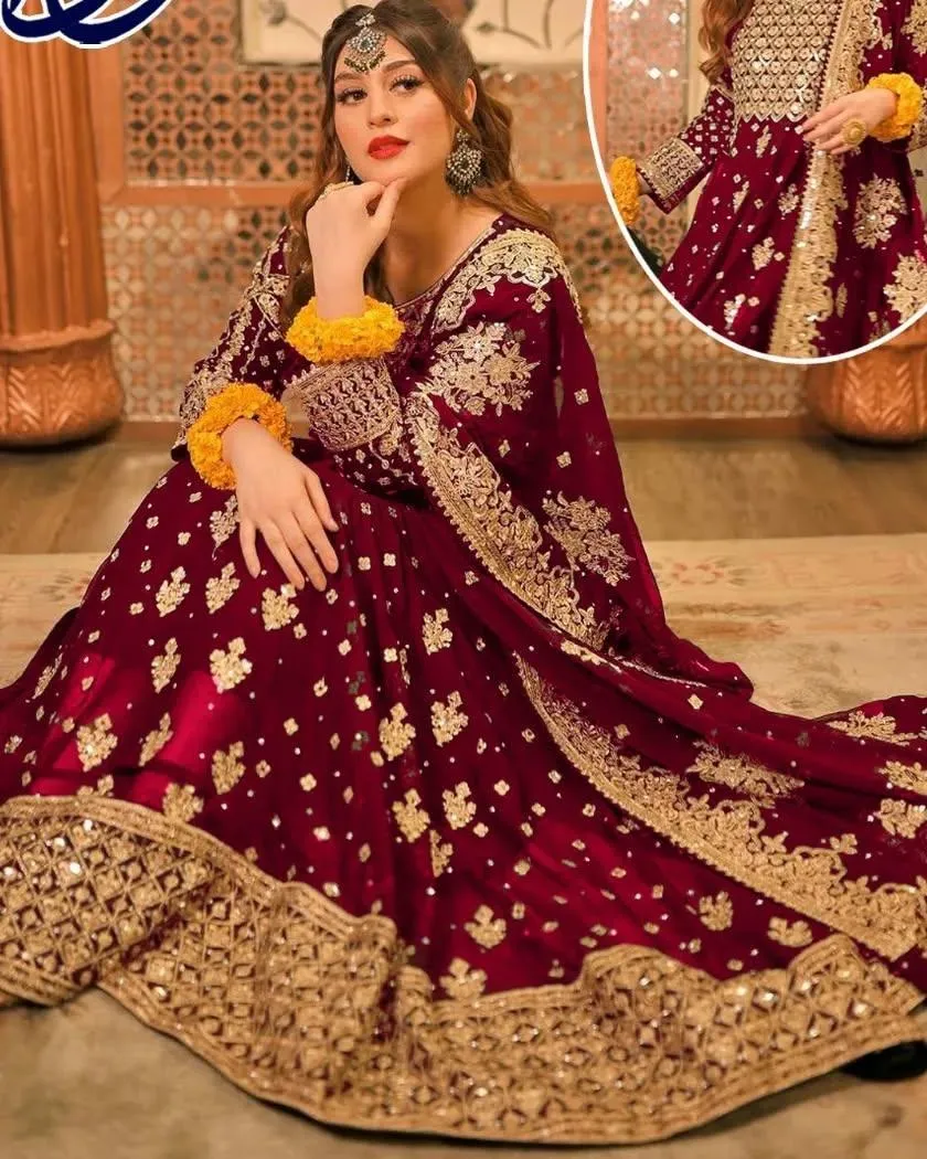 3 Pcs Women's Stitched Chiffon Hand Work Frock