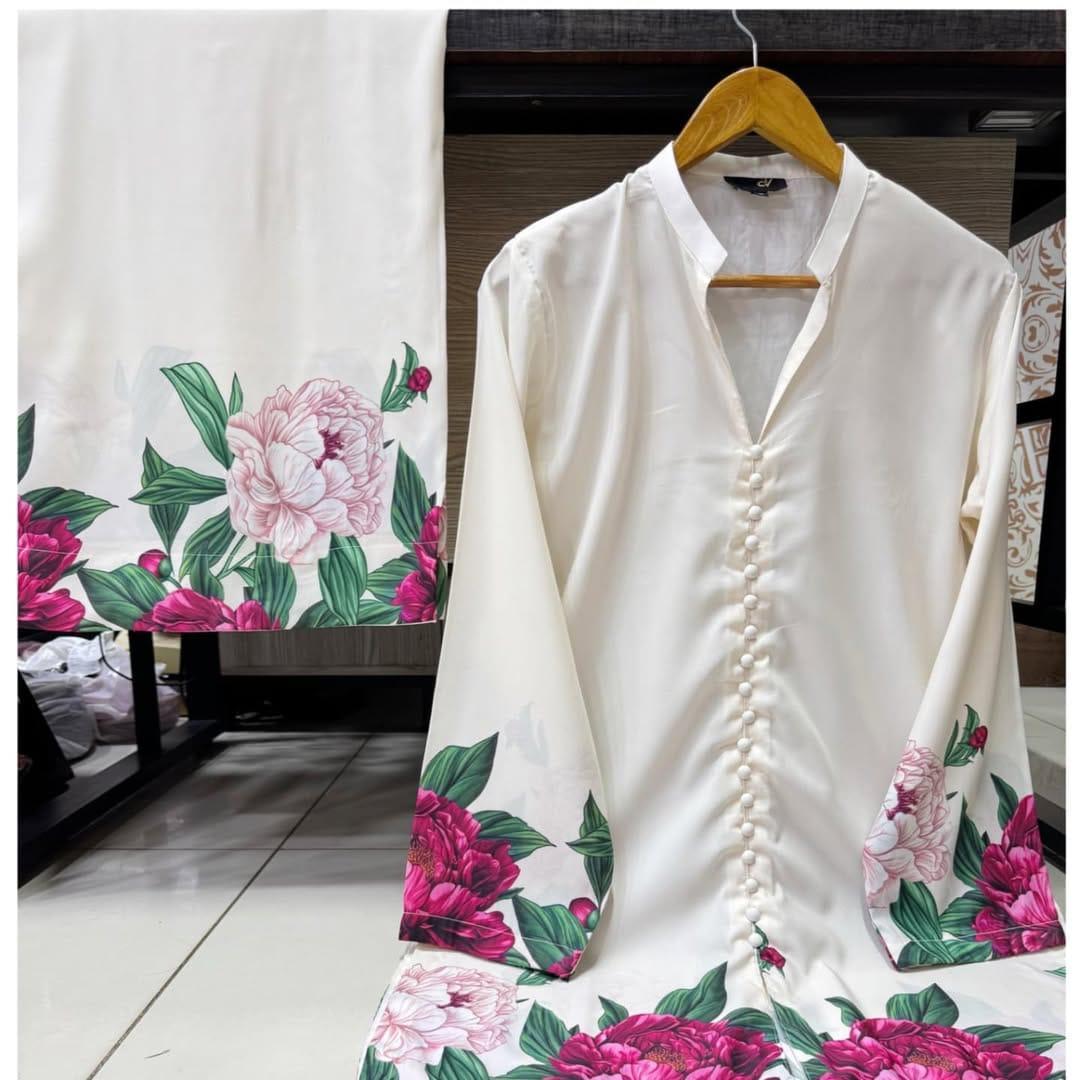 Stylish Women's Stitched Co-Ord Set in Printed Shamoz Silk - 2 Pcs