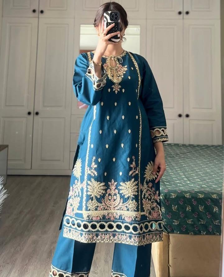 Women's Stitched Embroidered Cotton Shirt And Trouser Set - 2 Pcs