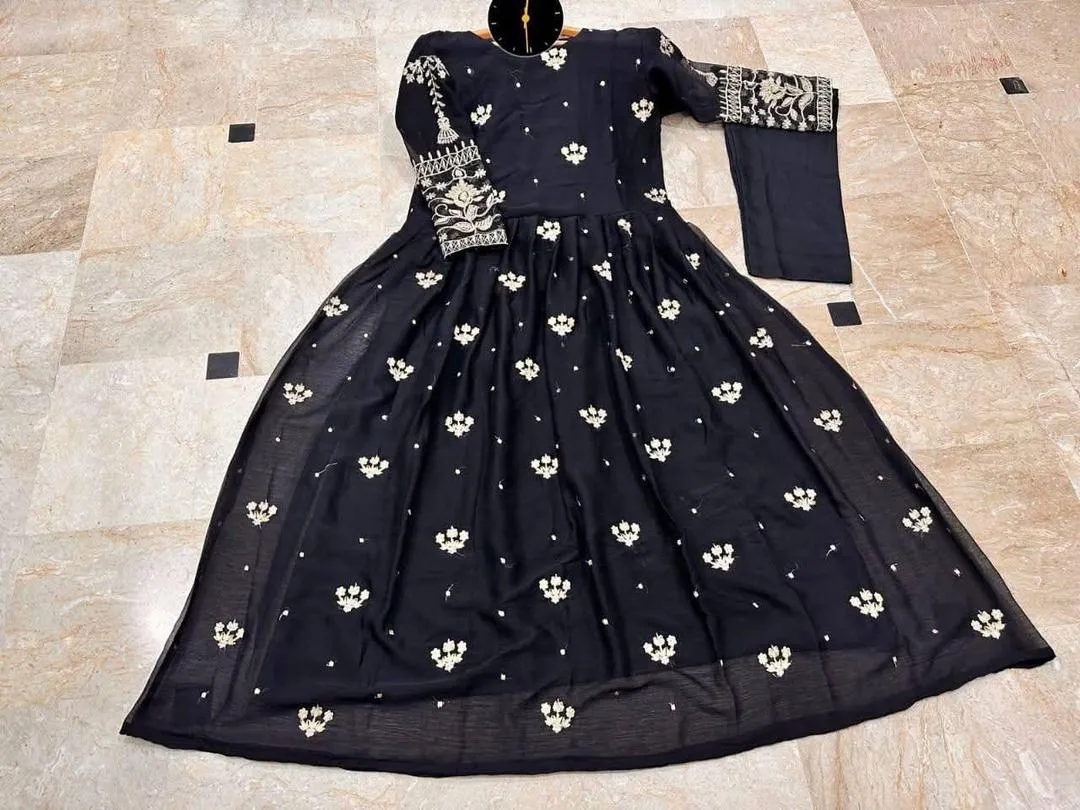 2 Pcs Women's Stitched Chiffon Hand Work Frock And Trouser