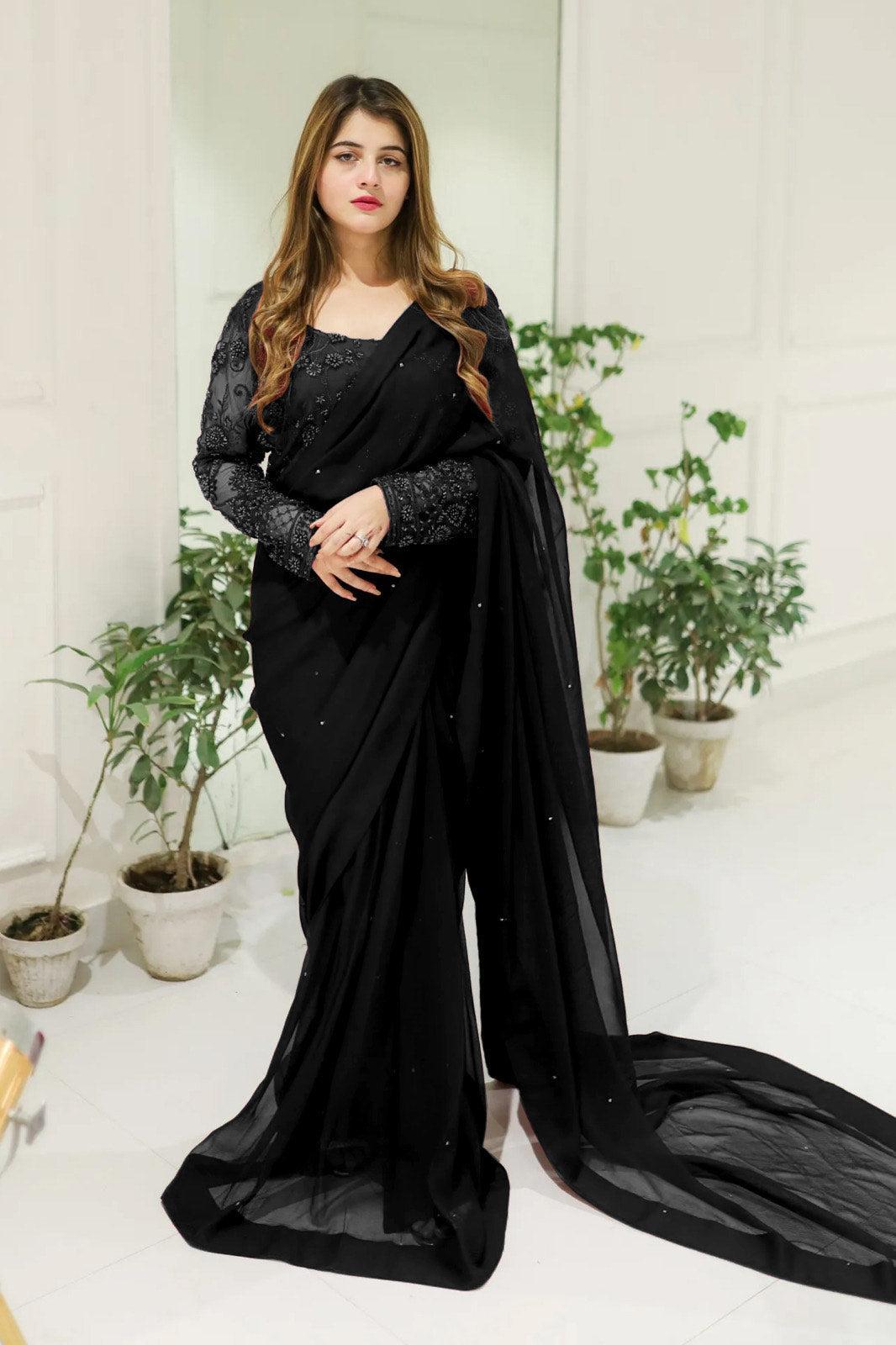 3 Pcs Women’s Chiffon Sequins Embroidered Stitched Saree